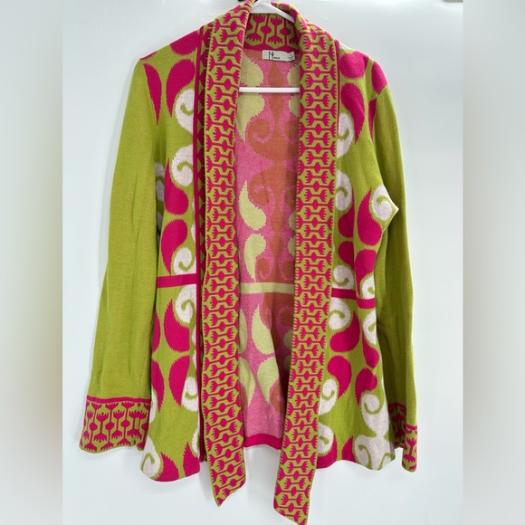 Neve Sweaters - Neve Bright Pink Green Geometric Cotton Open Cardigan Sweater L Boho Mod